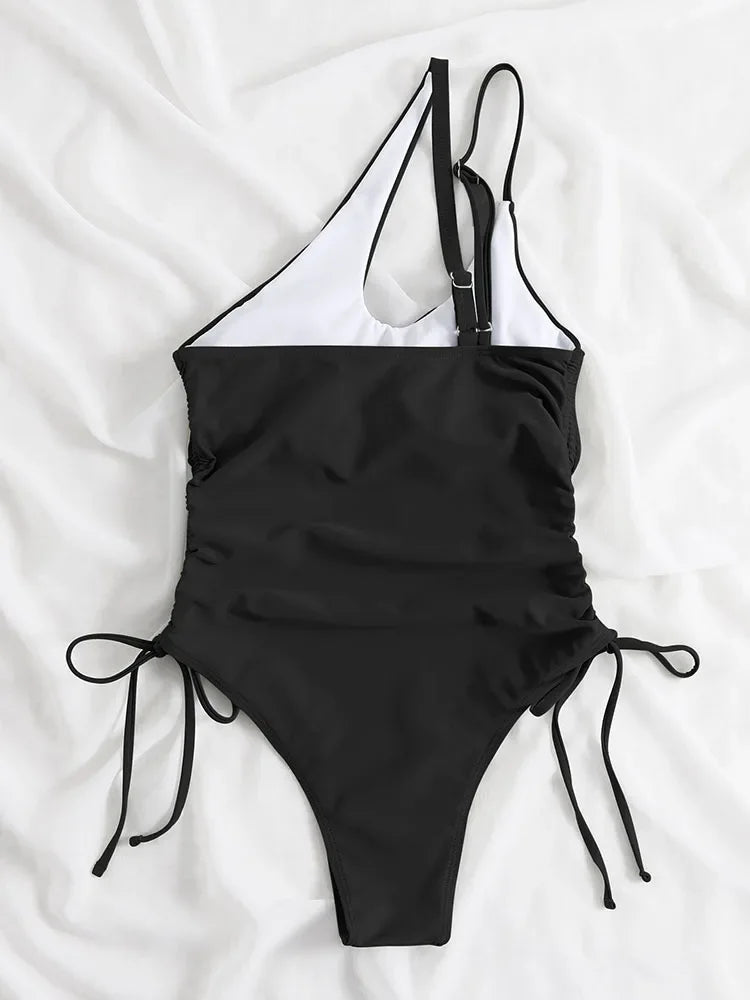 Fashion Solid Deep V Neck One Piece Swimsuit Women Yellow White Hollow Out Pleate Swimwear Beach Bandage Bathing Suit Monokini