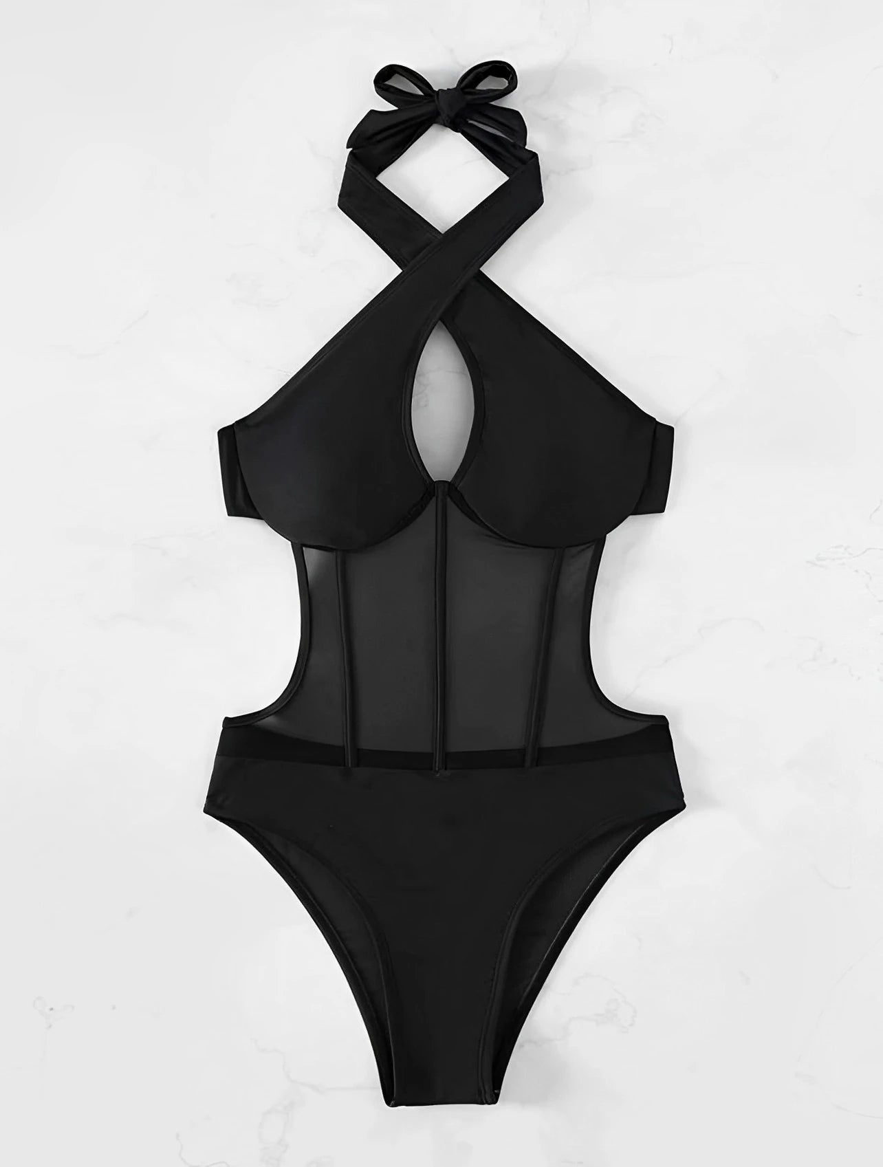 2025 Contrast Mesh Cut Out Halter Swimsuit One Piece Solid Swimwear Women Push Up Bathing Swimming Swim Suit Female Beach Wear