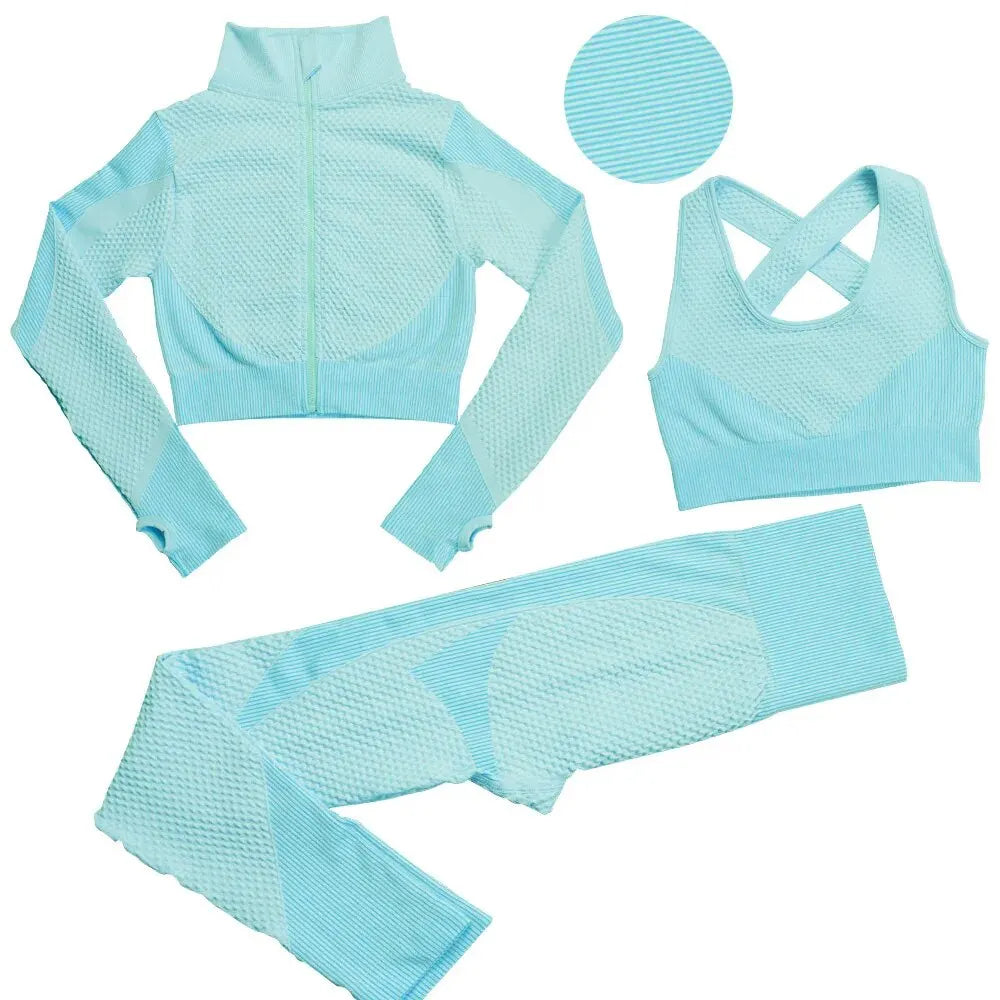 Seamless Zipper Striped Fitness Suit Women's Fall and Winter Sports Pants Long Sleeve Bra Three-piece Yoga Suit