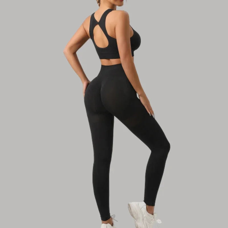 Mileegirl 2pcs Sport Sets Women Gym, Push Up Yoga Pants, Hollow Back Gym Fitness Bra, Workout Leggings, Seamless Tights Sets