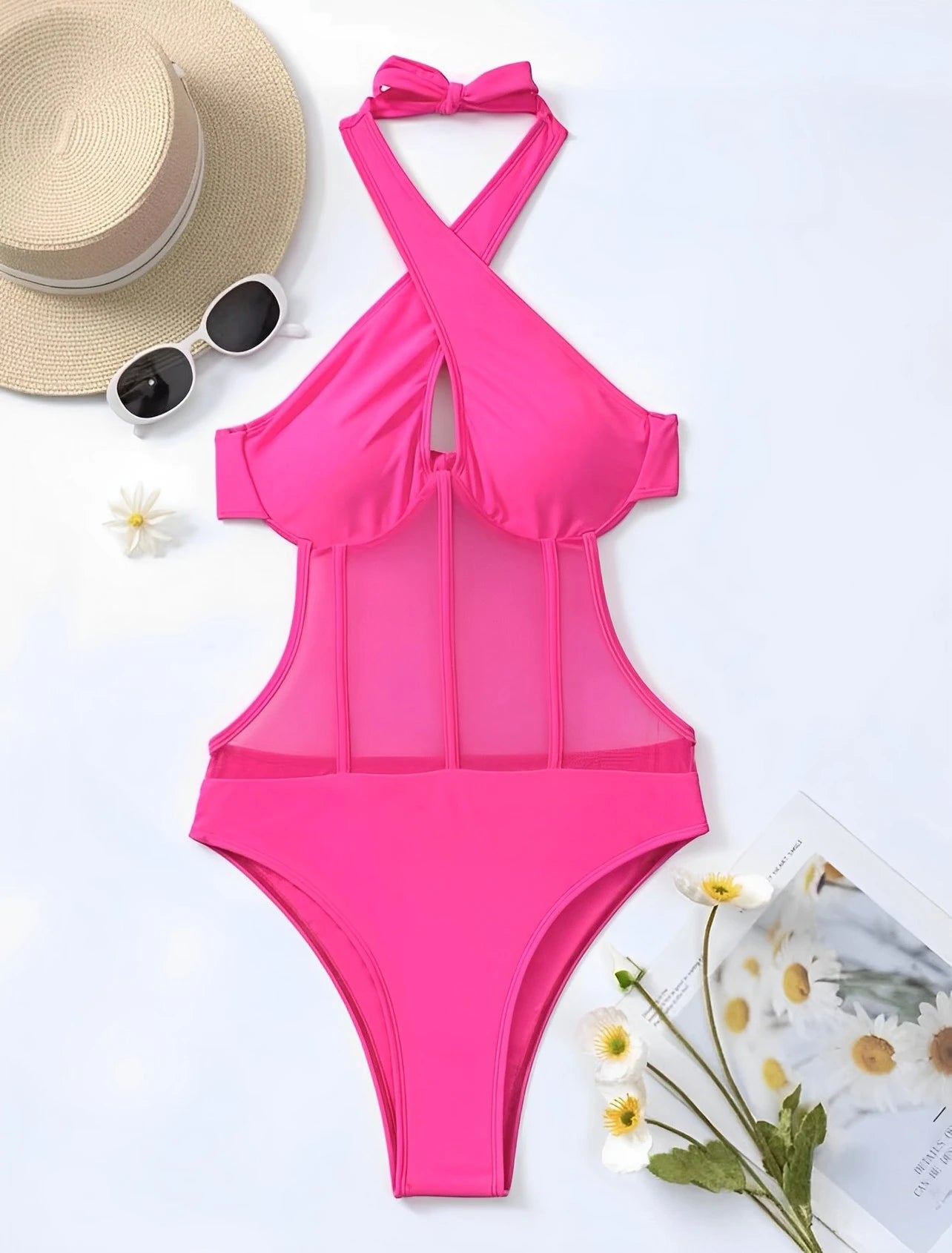 2025 Contrast Mesh Cut Out Halter Swimsuit One Piece Solid Swimwear Women Push Up Bathing Swimming Swim Suit Female Beach Wear