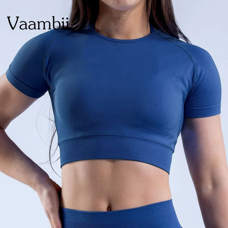 Ribbed Sports T Shirts Fitness Workout Tee Sports Tops Activewear Impact Gym Crop Top for Women Short Sleeve Seamless Yoga Top