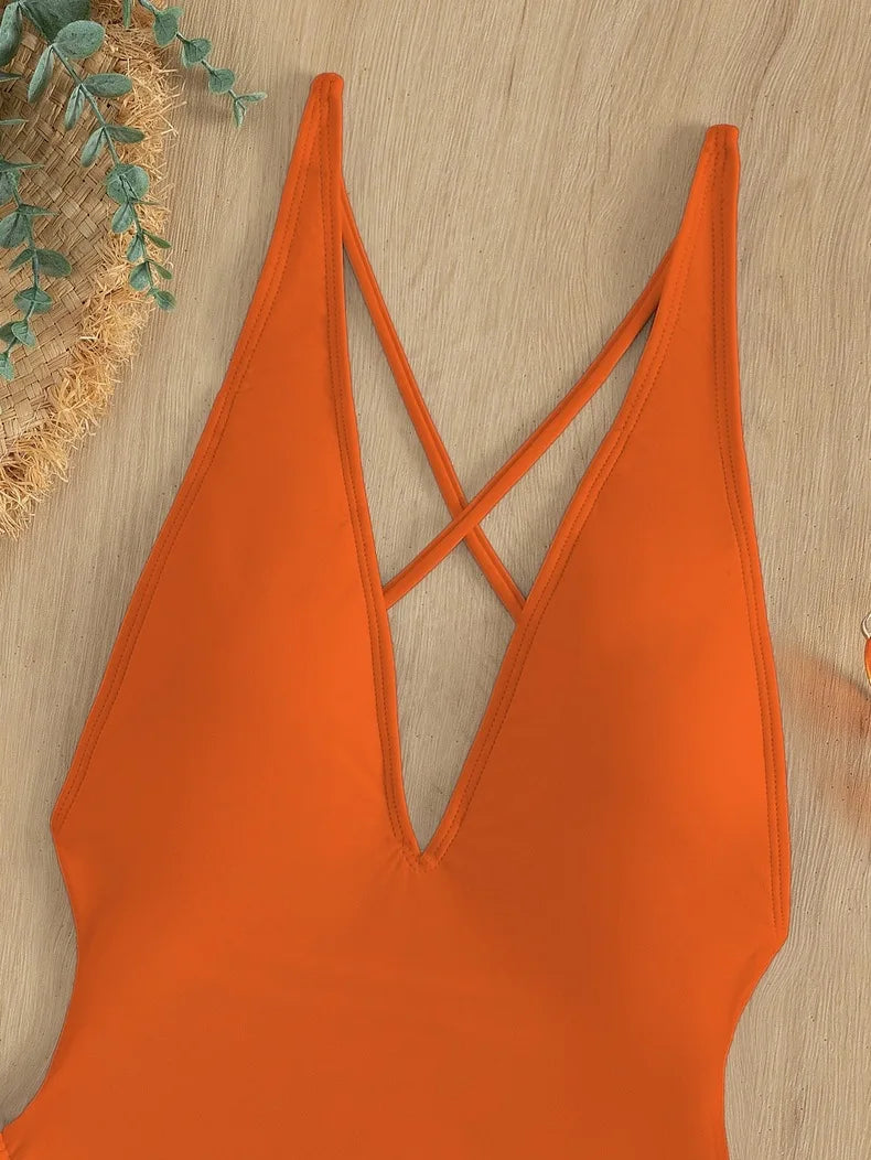 Fashion Solid Deep V Neck One Piece Swimsuit Women Yellow White Hollow Out Pleate Swimwear Beach Bandage Bathing Suit Monokini