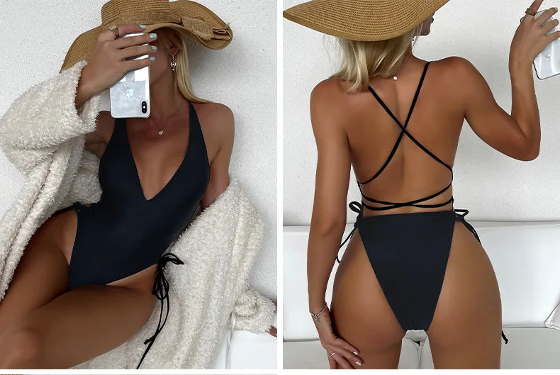 Fashion Solid Deep V Neck One Piece Swimsuit Women Yellow White Hollow Out Pleate Swimwear Beach Bandage Bathing Suit Monokini