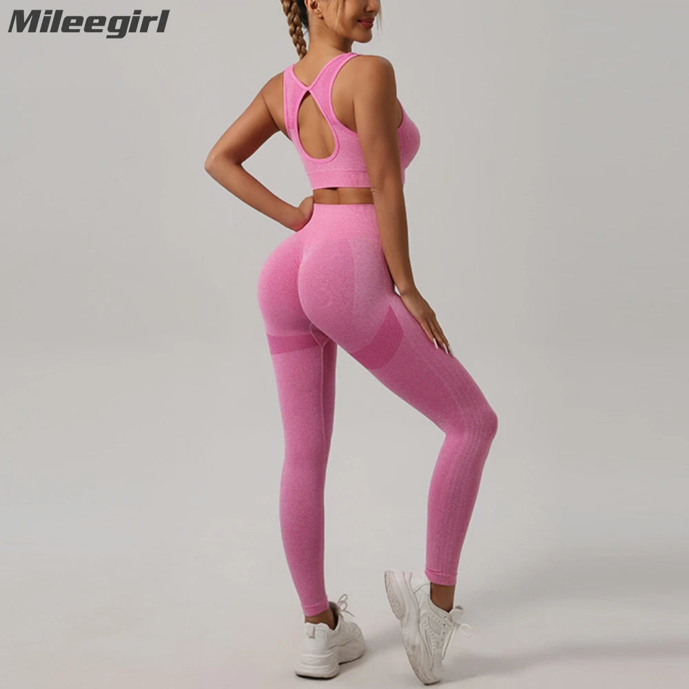 Mileegirl 2pcs Sport Sets Women Gym, Push Up Yoga Pants, Hollow Back Gym Fitness Bra, Workout Leggings, Seamless Tights Sets