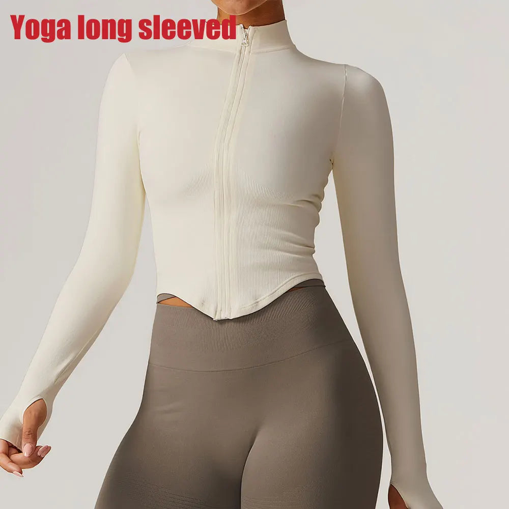 Zipper Women Crop Tops Yoga T-shirts Solid Sports Top Long Sleeve Running Shirts Sexy Quick Dry Fitness Jacket Gym Sport Wear