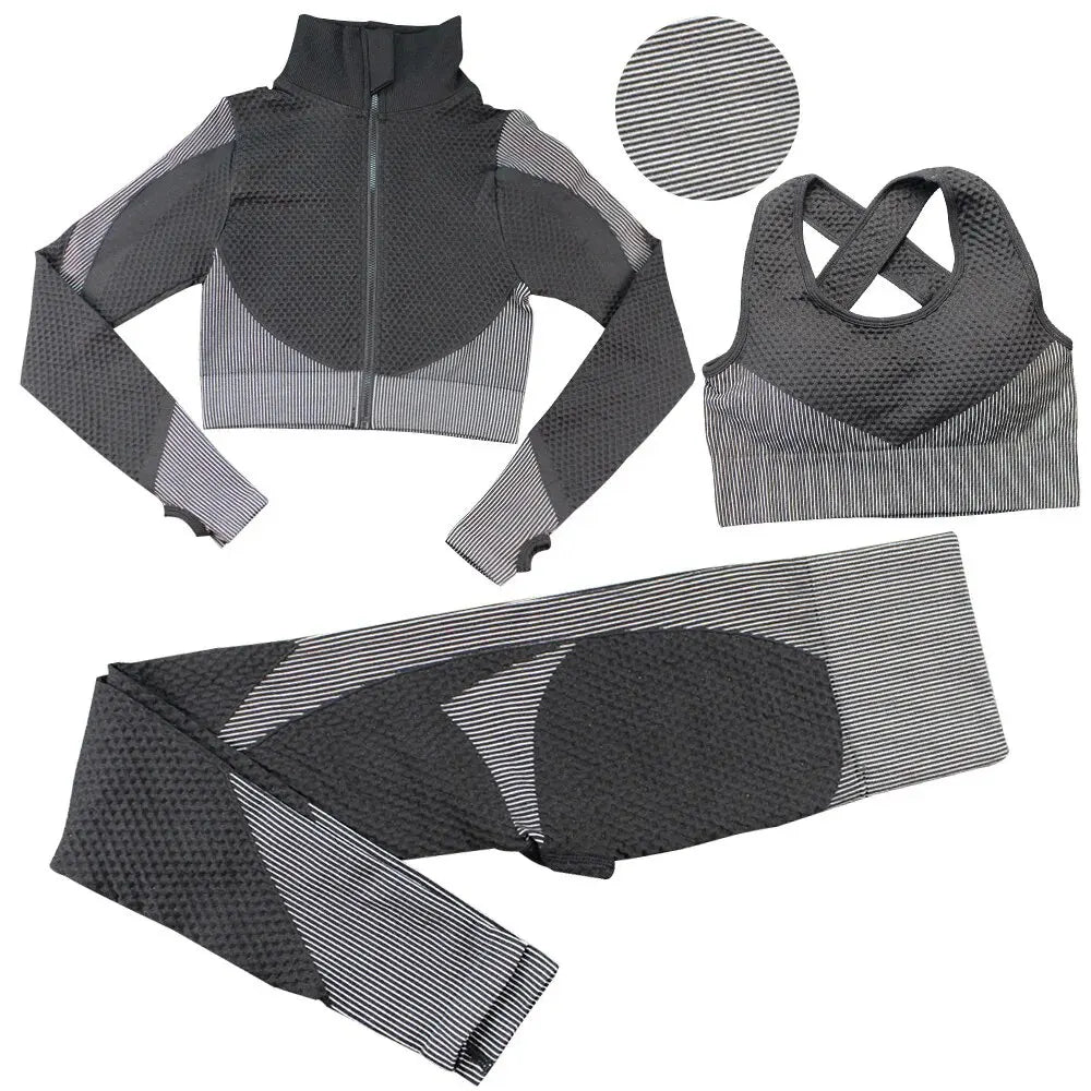 Seamless Zipper Striped Fitness Suit Women's Fall and Winter Sports Pants Long Sleeve Bra Three-piece Yoga Suit