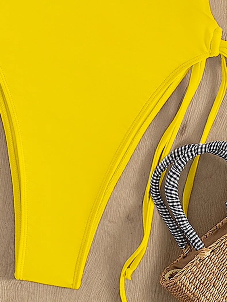 Fashion Solid Deep V Neck One Piece Swimsuit Women Yellow White Hollow Out Pleate Swimwear Beach Bandage Bathing Suit Monokini