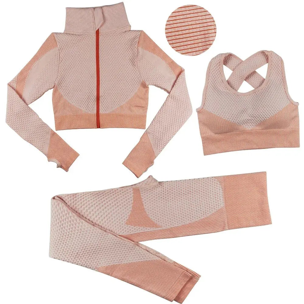 Seamless Zipper Striped Fitness Suit Women's Fall and Winter Sports Pants Long Sleeve Bra Three-piece Yoga Suit