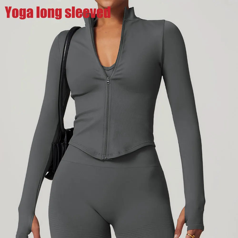 Zipper Women Crop Tops Yoga T-shirts Solid Sports Top Long Sleeve Running Shirts Sexy Quick Dry Fitness Jacket Gym Sport Wear
