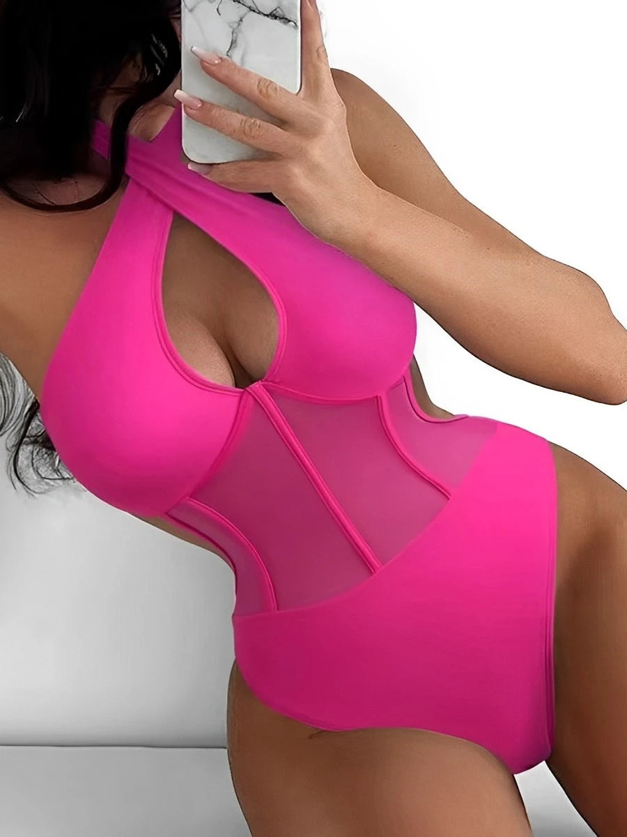 2025 Contrast Mesh Cut Out Halter Swimsuit One Piece Solid Swimwear Women Push Up Bathing Swimming Swim Suit Female Beach Wear