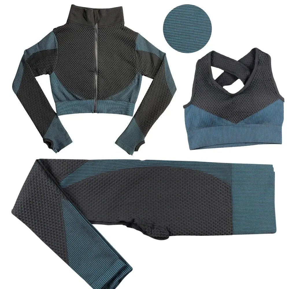 Seamless Zipper Striped Fitness Suit Women's Fall and Winter Sports Pants Long Sleeve Bra Three-piece Yoga Suit