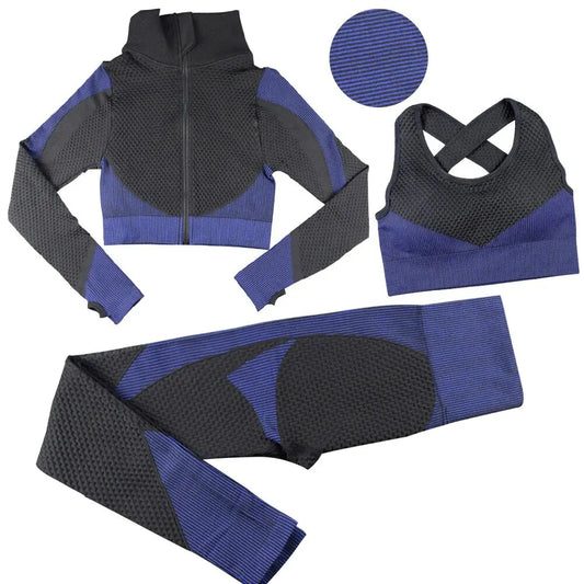 Seamless Zipper Striped Fitness Suit Women's Fall and Winter Sports Pants Long Sleeve Bra Three-piece Yoga Suit