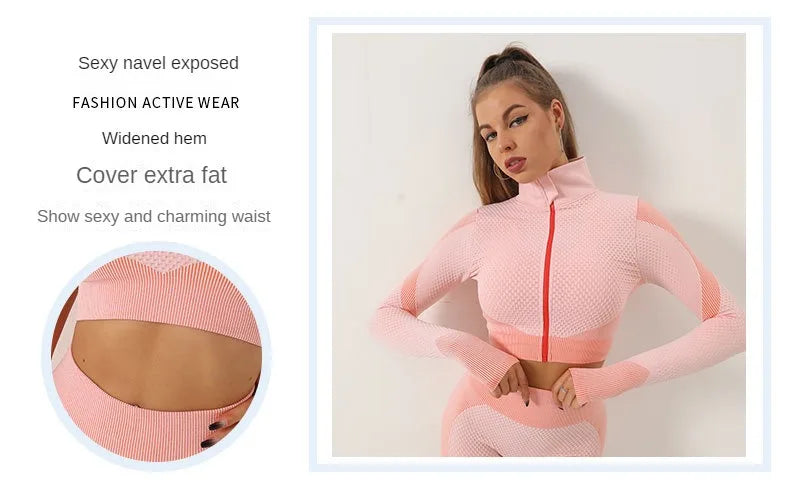 Seamless Zipper Striped Fitness Suit Women's Fall and Winter Sports Pants Long Sleeve Bra Three-piece Yoga Suit