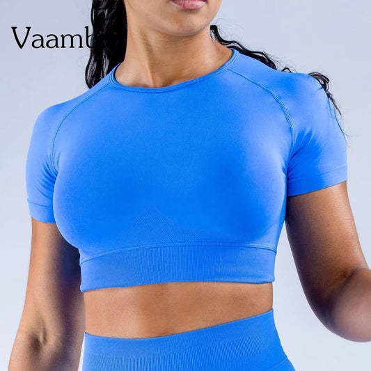 Ribbed Sports T Shirts Fitness Workout Tee Sports Tops Activewear Impact Gym Crop Top for Women Short Sleeve Seamless Yoga Top