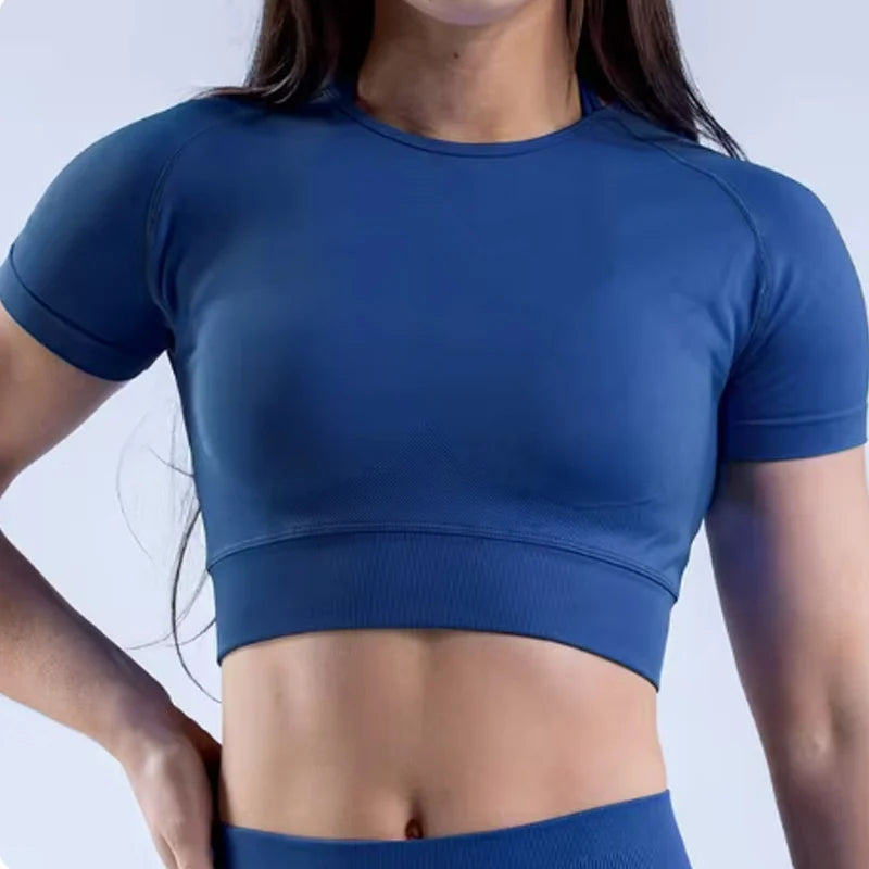 Ribbed Sports T Shirts Fitness Workout Tee Sports Tops Activewear Impact Gym Crop Top for Women Short Sleeve Seamless Yoga Top