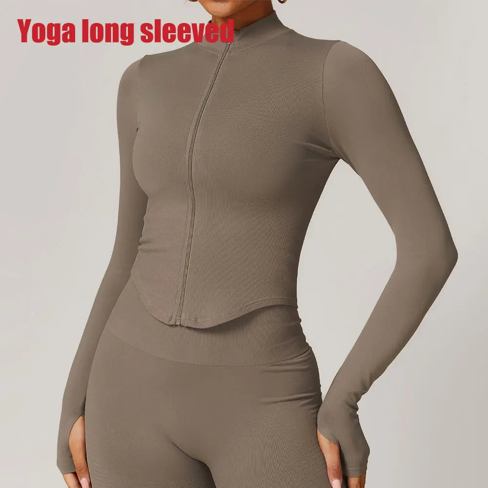 Zipper Women Crop Tops Yoga T-shirts Solid Sports Top Long Sleeve Running Shirts Sexy Quick Dry Fitness Jacket Gym Sport Wear
