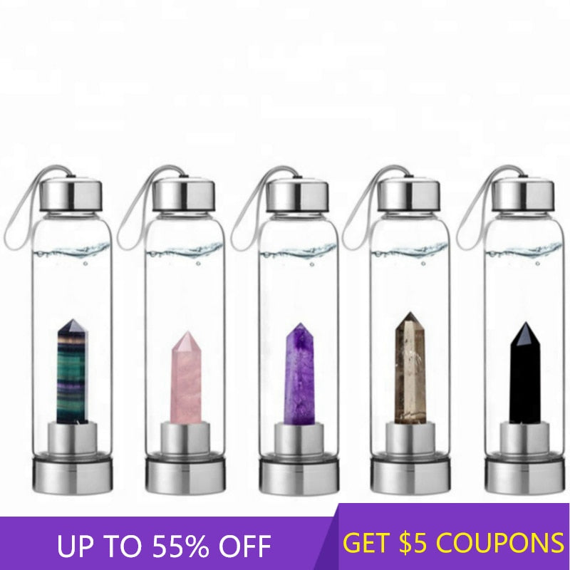 Natural Elixir Quartz Drink Water Bottle Crystal Point Wand Genstone Obelisk Healing Energy Stone Glass Drinking Bottles Gift