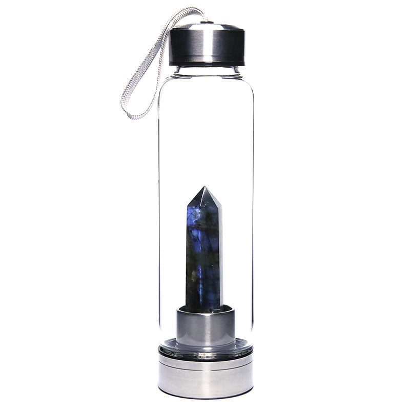 Natural Elixir Quartz Drink Water Bottle Crystal Point Wand Genstone Obelisk Healing Energy Stone Glass Drinking Bottles Gift