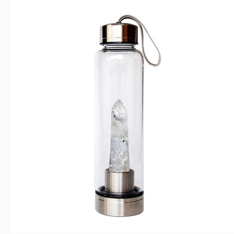 Natural Elixir Quartz Drink Water Bottle Crystal Point Wand Genstone Obelisk Healing Energy Stone Glass Drinking Bottles Gift