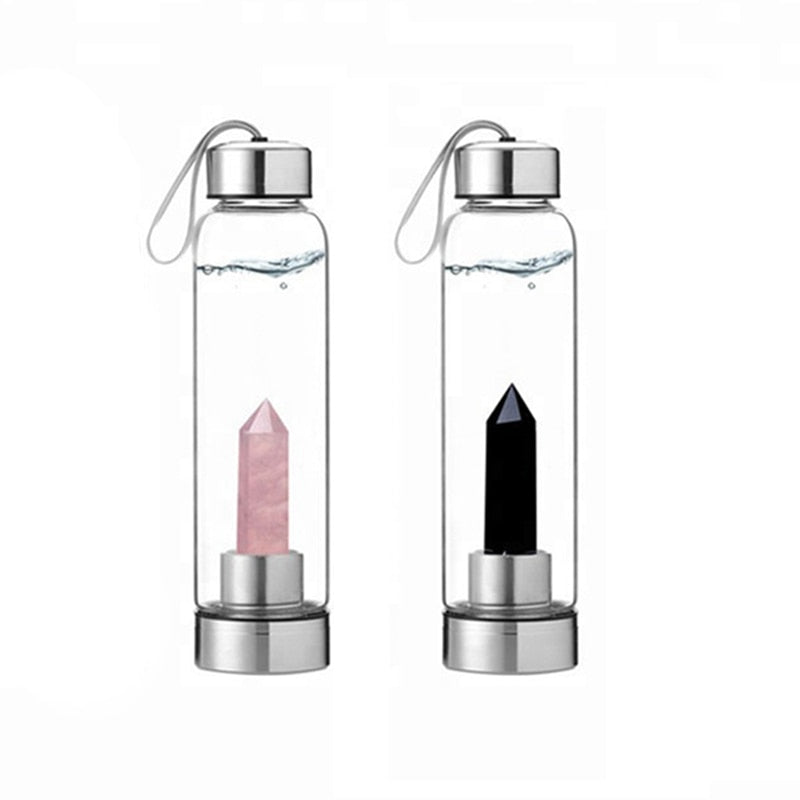 Natural Elixir Quartz Drink Water Bottle Crystal Point Wand Genstone Obelisk Healing Energy Stone Glass Drinking Bottles Gift