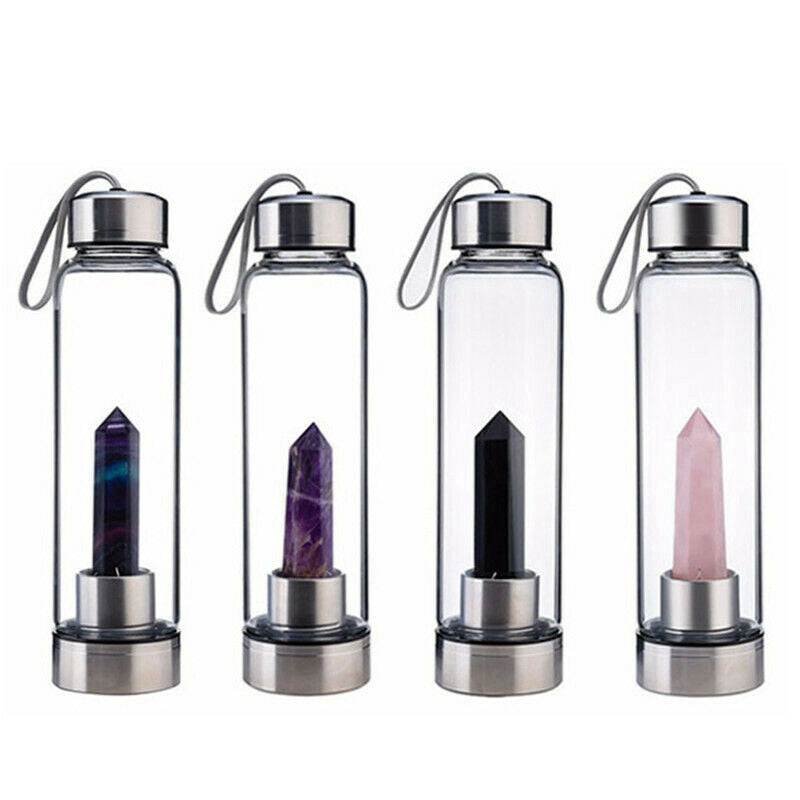 Natural Elixir Quartz Drink Water Bottle Crystal Point Wand Genstone Obelisk Healing Energy Stone Glass Drinking Bottles Gift